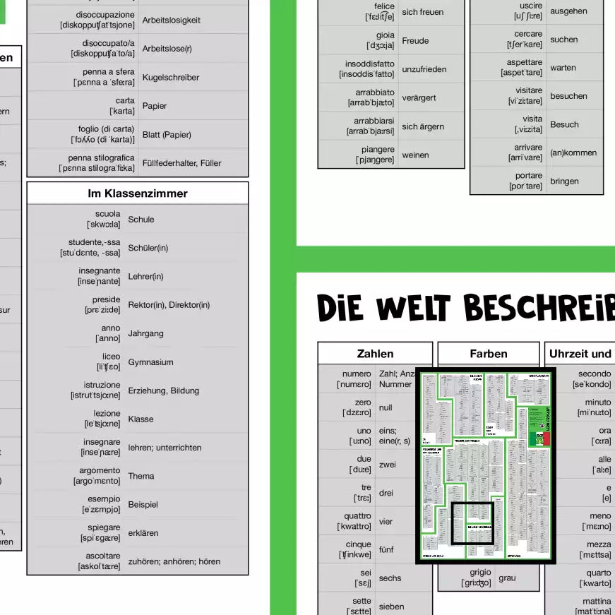 Lern Frosch® Italienisch A1-A2 Wortschatz lernen | Vokabelposter für Anfänger & Wiedereinsteiger | über 600 Wörter lernen