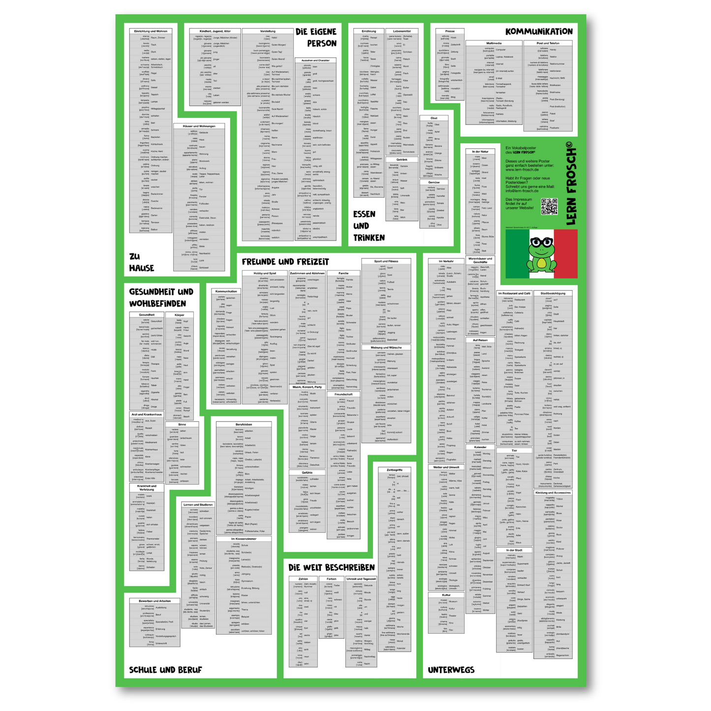 Lern Frosch® Italienisch A1-A2 Wortschatz lernen | Vokabelposter für Anfänger & Wiedereinsteiger | über 600 Wörter lernen