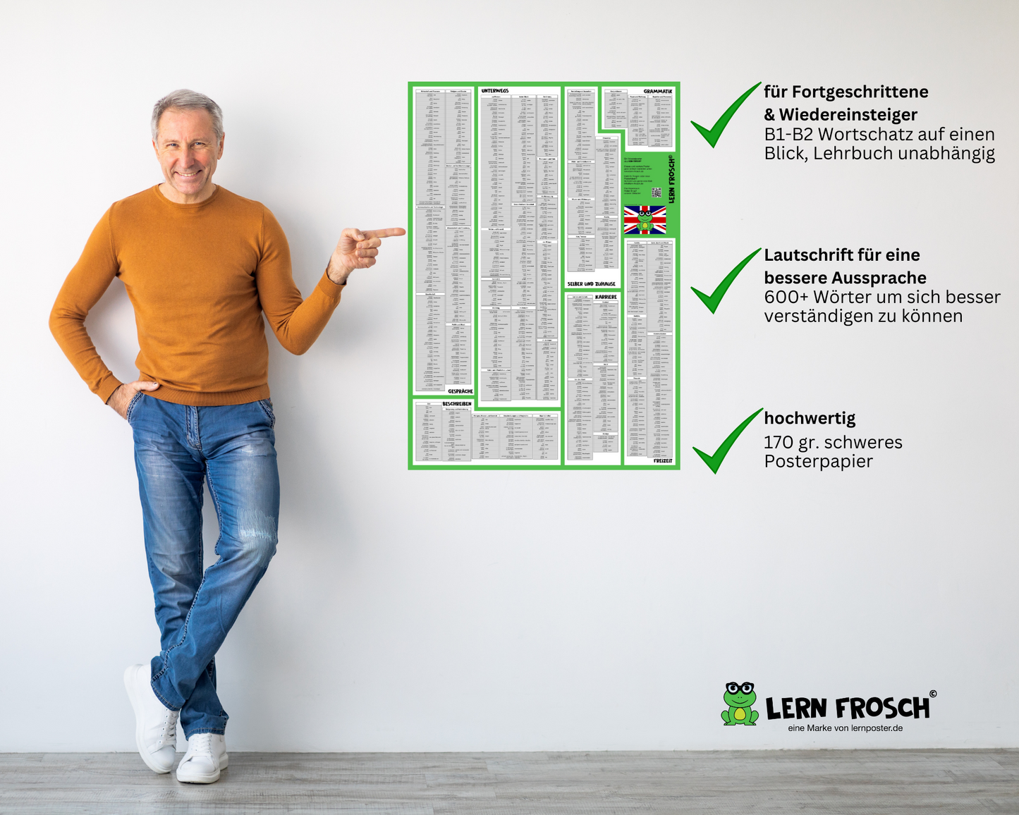 Lern Frosch® Englisch B1-B2 Wortschatz lernen | Vokabelposter für Fortgeschrittene & Wiedereinsteiger | über 600 Wörter lernen