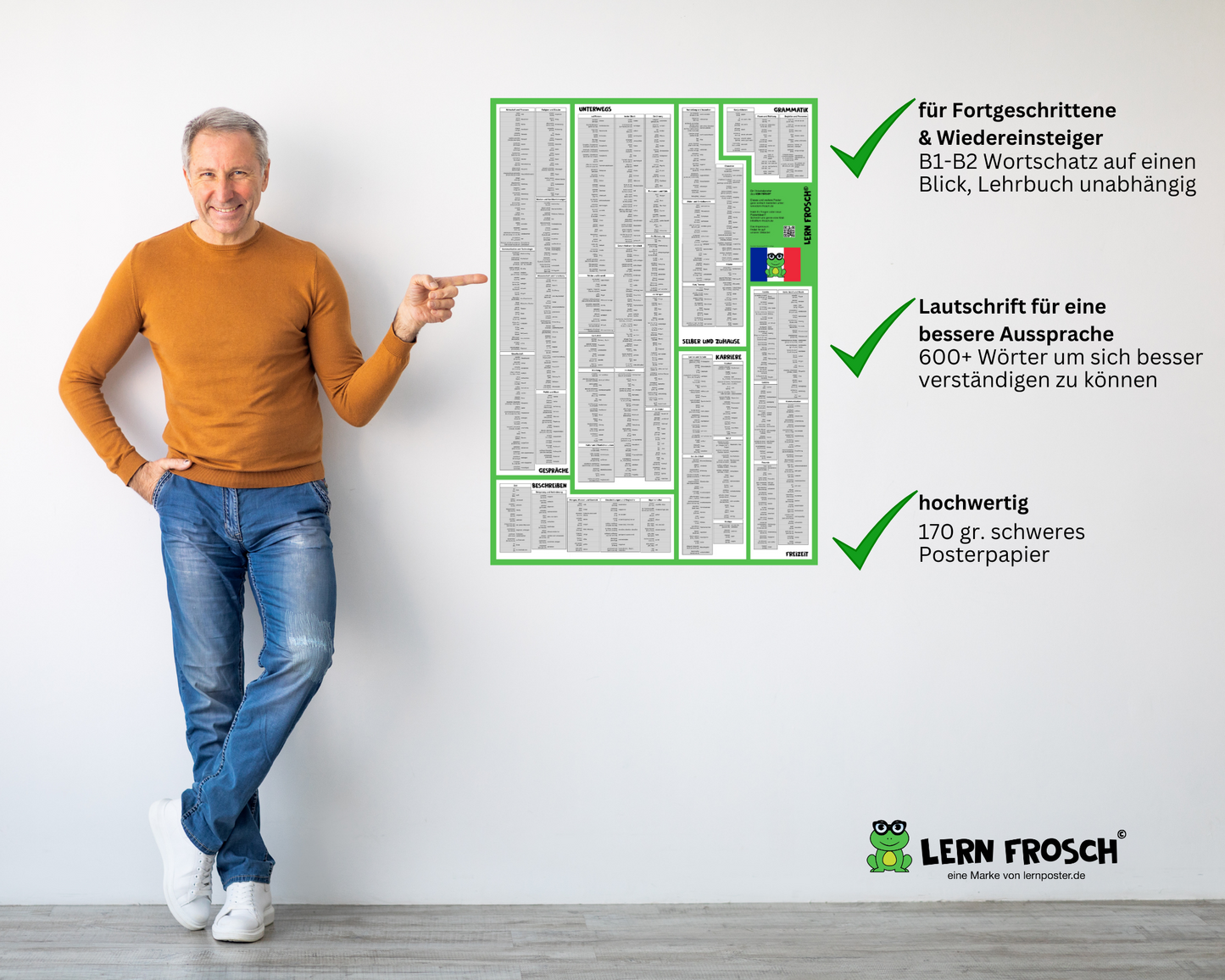 Lern Frosch® Französisch B1-B2 Wortschatz lernen | Vokabelposter für Fortgeschrittene & Wiedereinsteiger | über 600 Wörter lernen