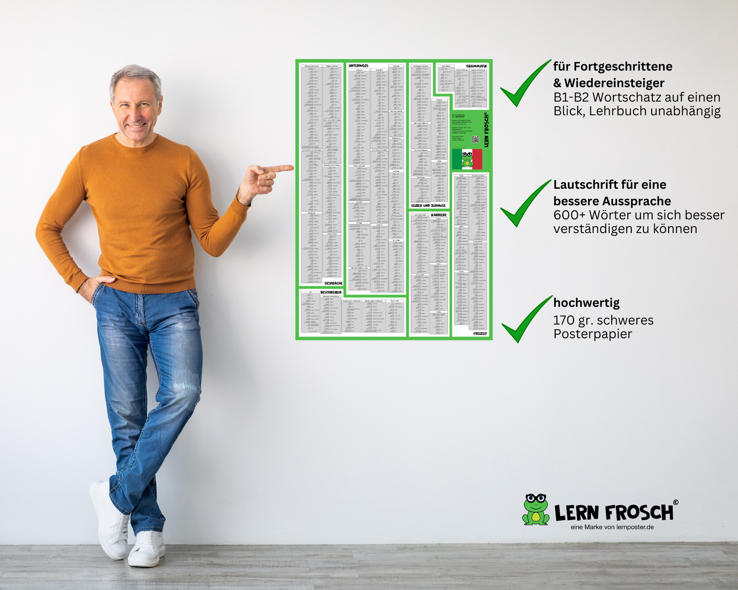 Lern Frosch® Italienisch B1-B2 Wortschatz lernen | Vokabelposter für Fortgeschrittene & Wiedereinsteiger | über 600 Wörter lernen