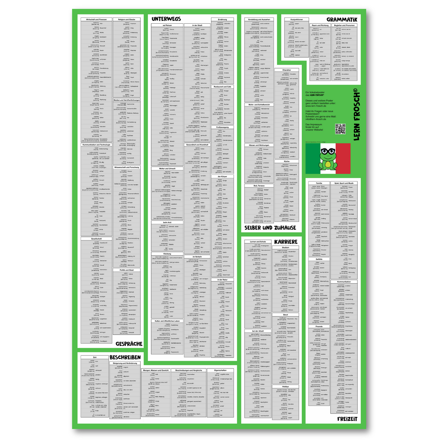 Lern Frosch® Italienisch B1-B2 Wortschatz lernen | Vokabelposter für Fortgeschrittene & Wiedereinsteiger | über 600 Wörter lernen