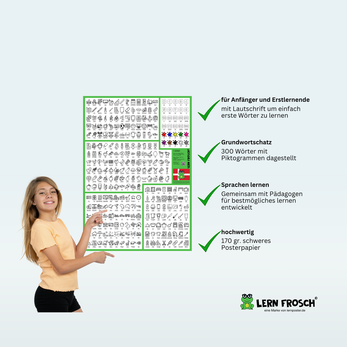 Lern Frosch® A0-A1 Dänisch Wortschatz lernen | Vokabelposter für Anfänger zum visuellen Lernen | 300 Wörter mit Bildern & Lautschrift für den Alltag zum Lernen