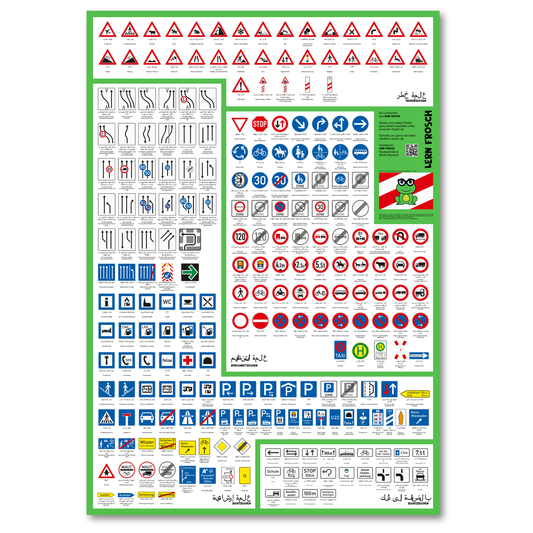 Lern Frosch© I Verkehrszeichen Poster für den Führerschein | Verkehrszeichen lernen, auffrischen & verstehen | Lernmaterial für Theorieprüfung & Straßenverkehr I XXL Format (70cm x 100cm) | mit arabischer Übersetzung