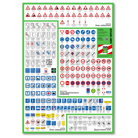 Lern Frosch© I Verkehrszeichen Poster für den Führerschein | Verkehrszeichen lernen, auffrischen & verstehen | Lernmaterial für Theorieprüfung & Straßenverkehr I XXL Format (70cm x 100cm) | mit ukrainischer Übersetzung