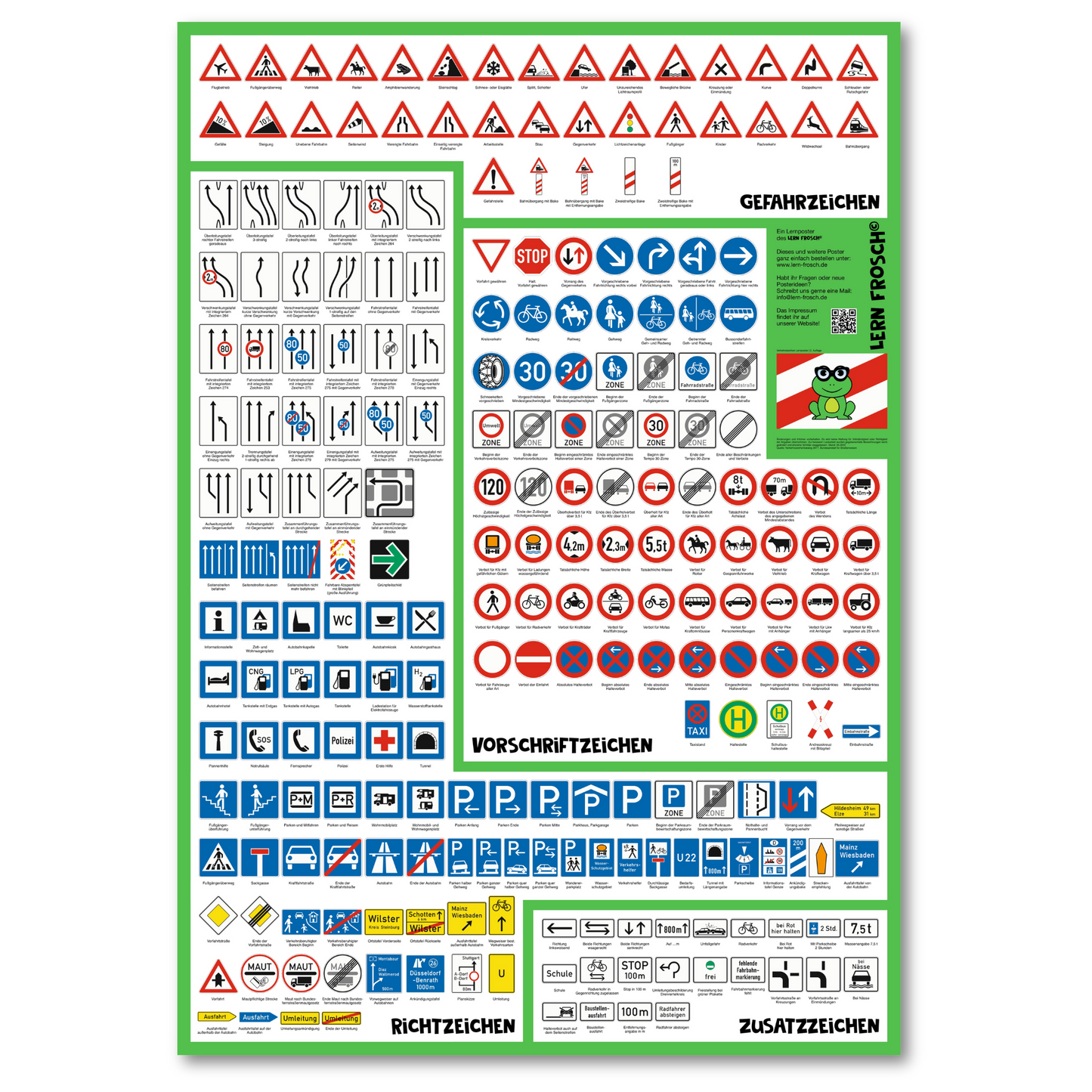 Lern Frosch© I Verkehrszeichen Poster für den Führerschein | Verkehrszeichen lernen, auffrischen & verstehen | Lernmaterial für Theorieprüfung & Straßenverkehr I XXL Format (70cm x 100cm)