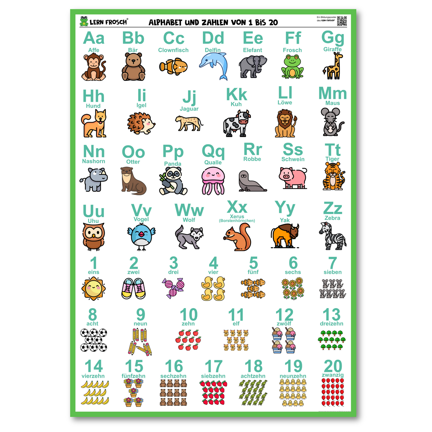 Lern Frosch® Alphabet und Zahlen 1 bis 20 Poster | Spielend Lernen für Kinder und Schulanfänger | Deutsch Lernen Sprachniveau A0-A1