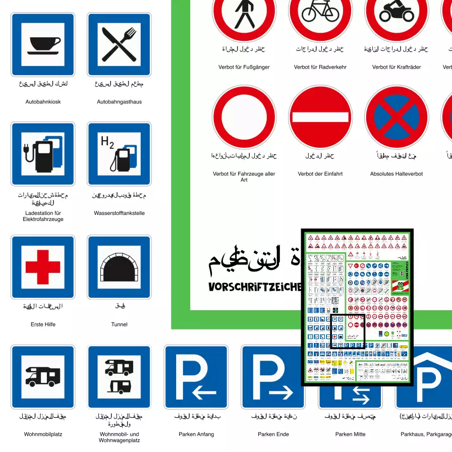 Lern Frosch© I Verkehrszeichen Poster für den Führerschein | Verkehrszeichen lernen, auffrischen & verstehen | Lernmaterial für Theorieprüfung & Straßenverkehr I XXL Format (70cm x 100cm) | mit arabischer Übersetzung