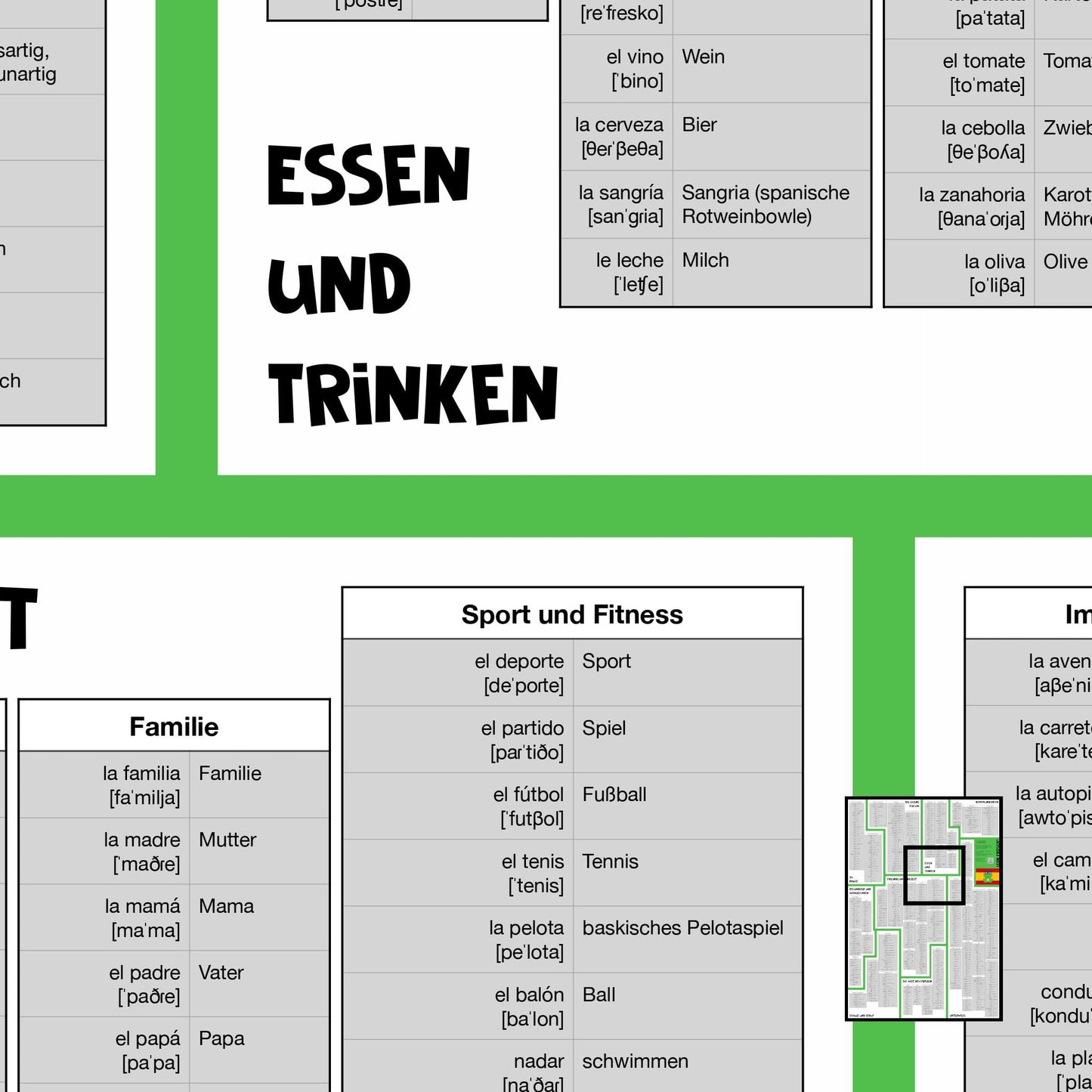 Lern Frosch® Spanisch A1-A2 Wortschatz lernen | Vokabelposter für Anfänger & Wiedereinsteiger | über 600 Wörter lernen